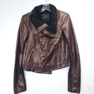 VEDA NYC Womens Large Metallic Bronze Lamb Leather Fitted Cropped Biker Jacket